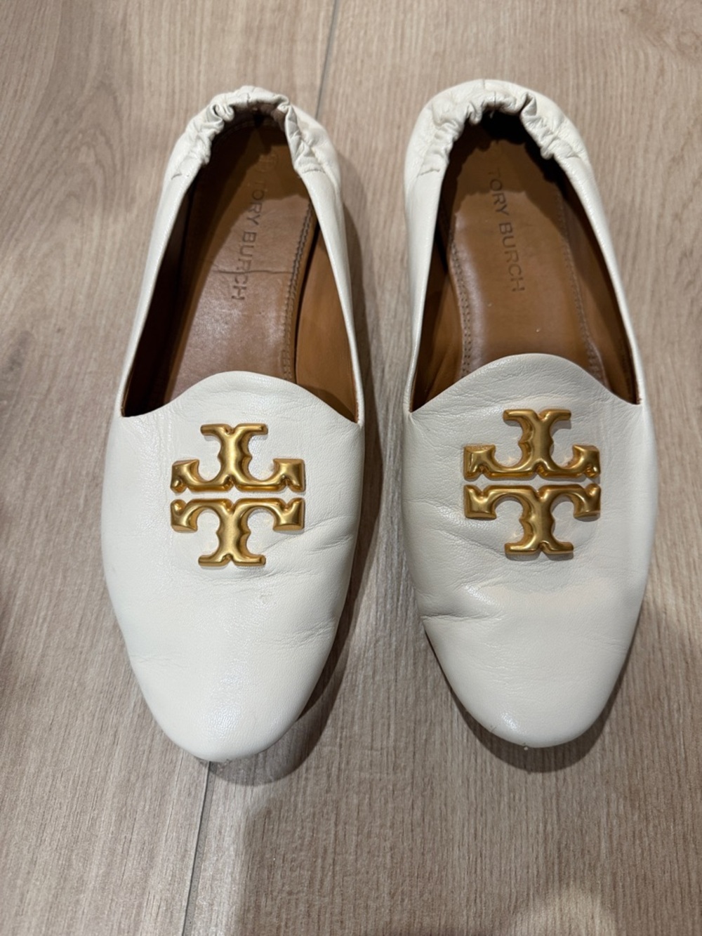 Tory Burch White Leather Logo Slip-On Flats with Gold Emblem